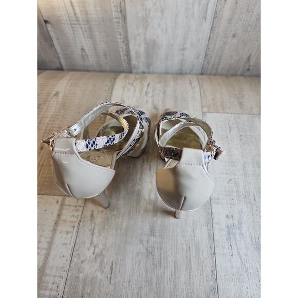 Guess Women’s Platform Heels Cream Gold Snakeskin Open Toe Ankle Strap 7.5 - Picture 3 of 13
